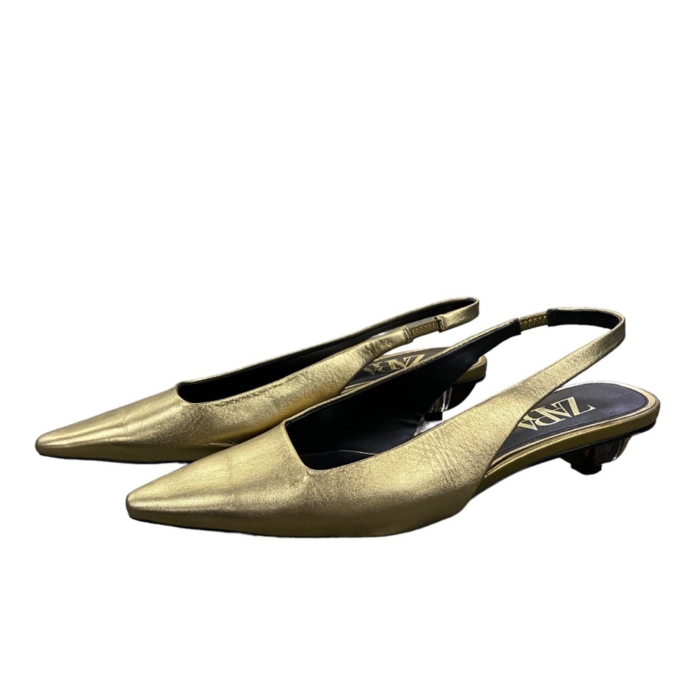 Zara Gold Leather Pointed Toe Slingback with Geometric Wood Kitten Heel. Sz 7.5